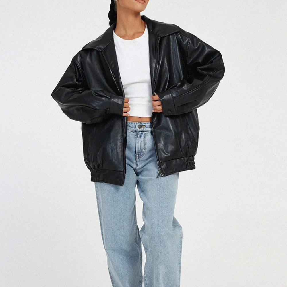 Women's Coats Oversized Leather Bomber Jacket Zipper  1