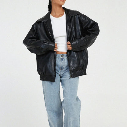 Women's Coats Oversized Leather Bomber Jacket Zipper  1