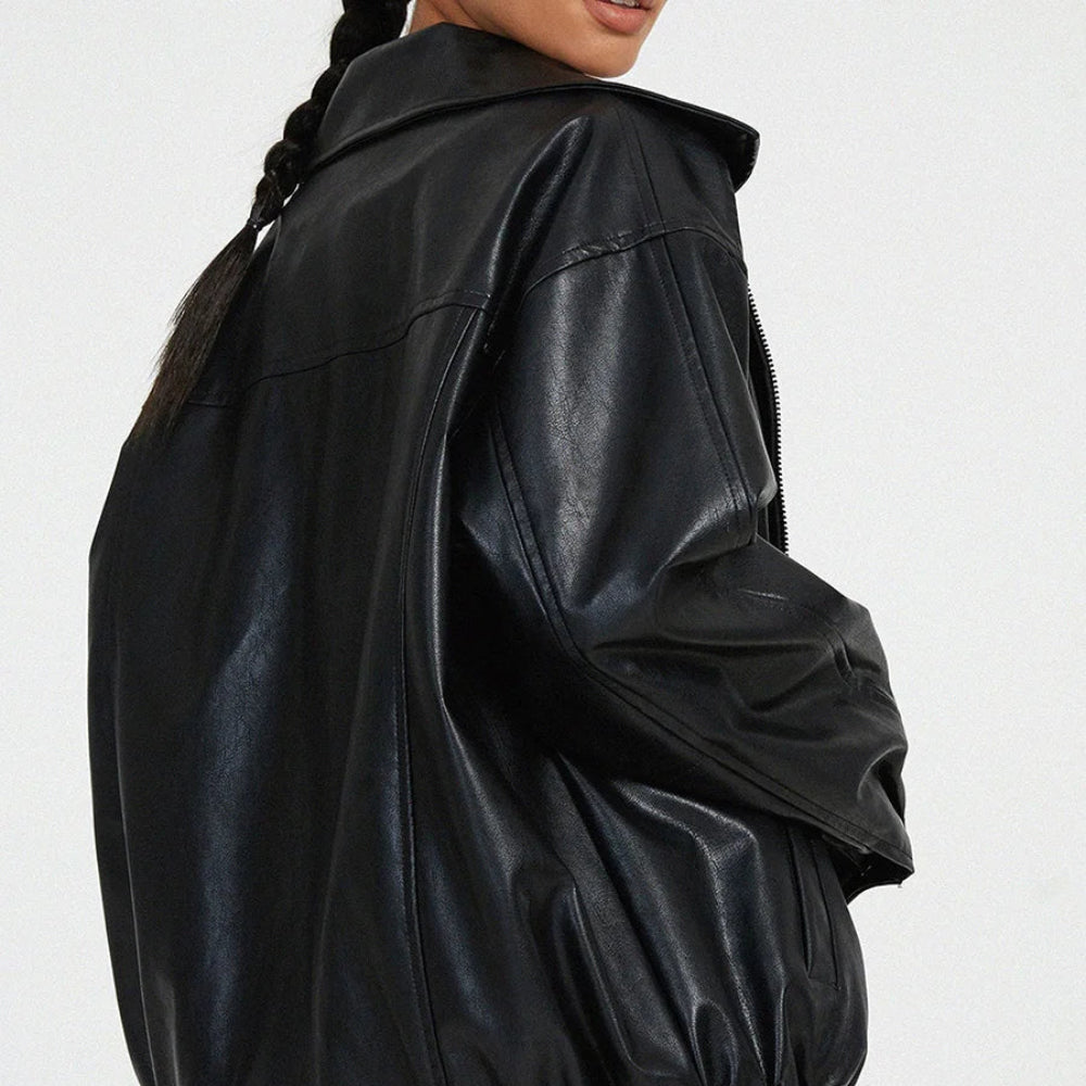 Women's Coats Oversized Leather Bomber Jacket Zipper 3