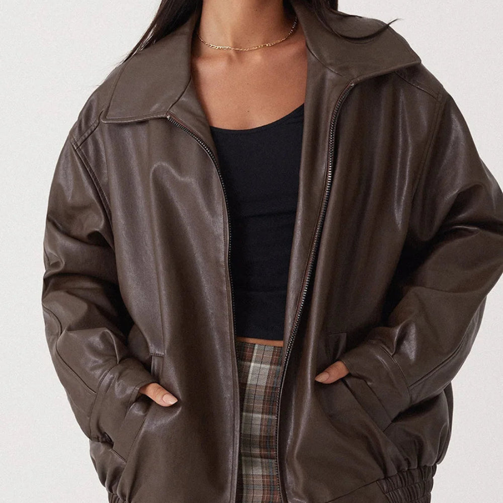 Women's Coats Oversized Leather Bomber Jacket Zipper 7