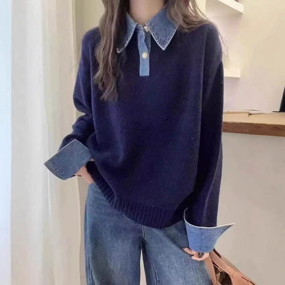 Women's Denim Collar Long Sleeve Contrast Sweater - Pullover