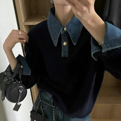 Women's Denim Collar Long Sleeve Contrast Sweater - Pullover