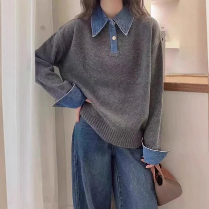 Women's Denim Collar Long Sleeve Contrast Sweater - Pullover