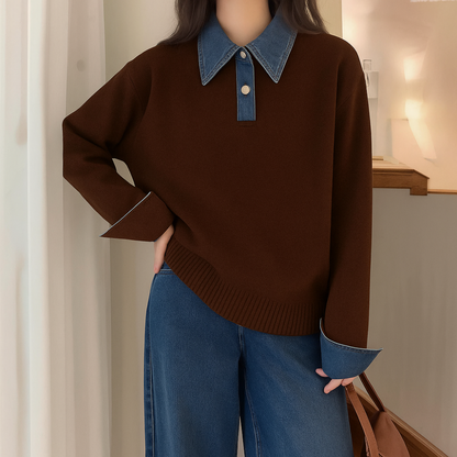 Women's Denim Collar Long Sleeve Contrast Sweater - Pullover