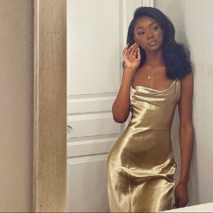 Women's Elegant Satin Evening Dress - Sleeveless Maxi