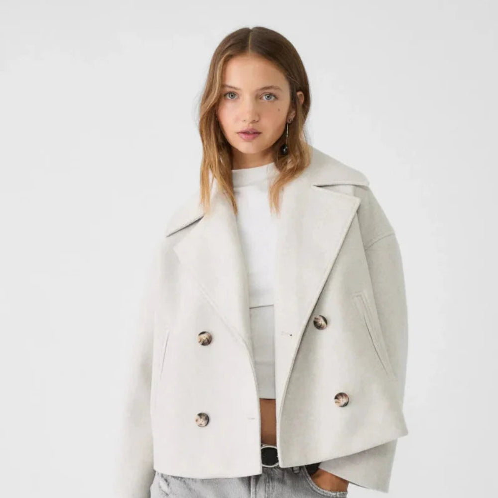 Women's Elegant Wool Short Coat - Double-Breasted Tailored