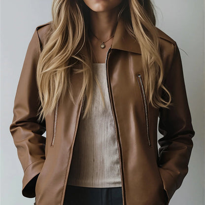 Women's Fitted Faux Leather Jacket - Stylish Zip Pockets