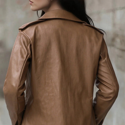 Women's Fitted Faux Leather Jacket - Stylish Zip Pockets