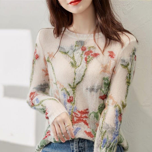 Women's Floral Hollow Out Knit Sweater O-Neck Fashion 1
