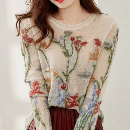 Women's Floral Hollow Out Knit Sweater O-Neck Fashion 2