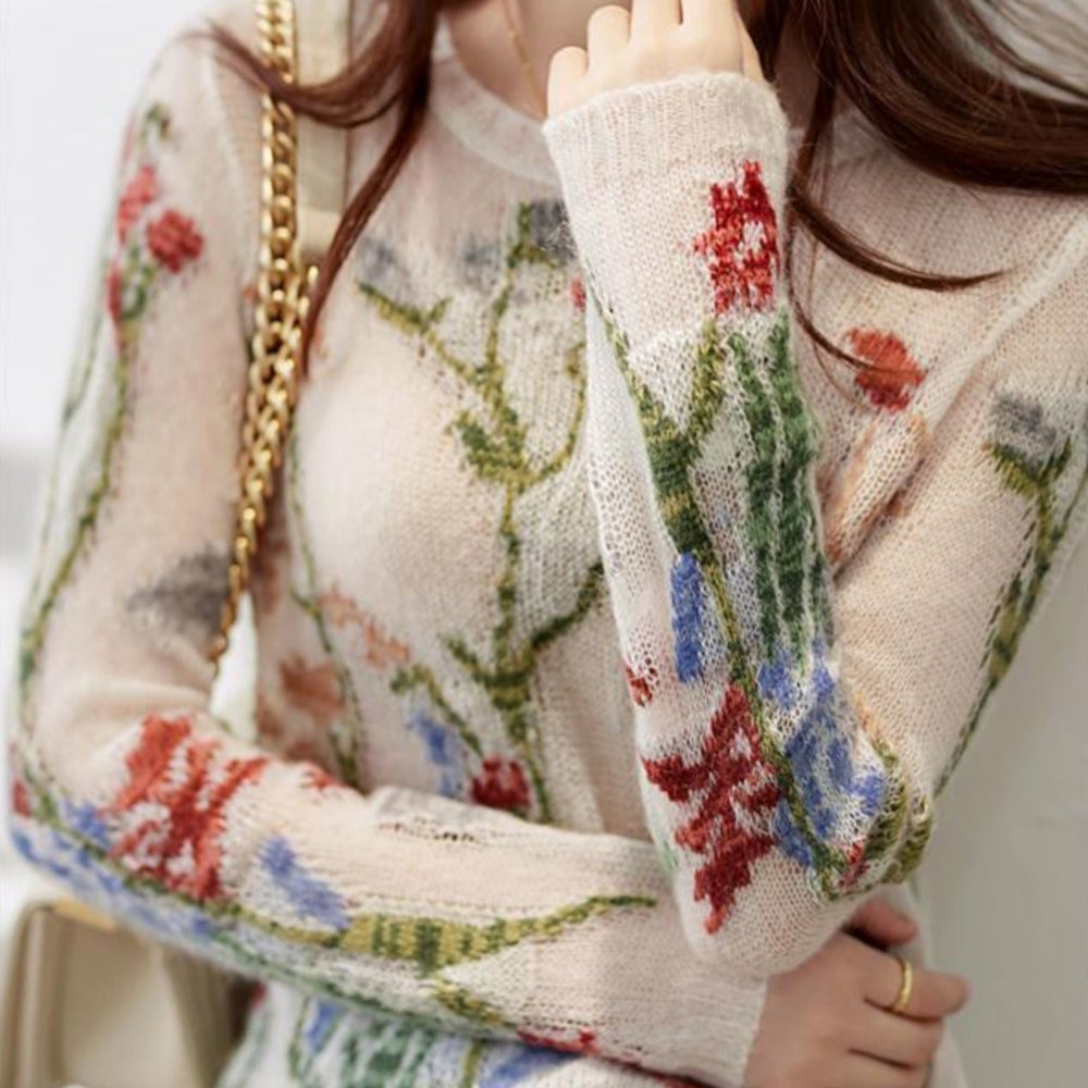 Women's Floral Hollow Out Knit Sweater O-Neck Fashion 4