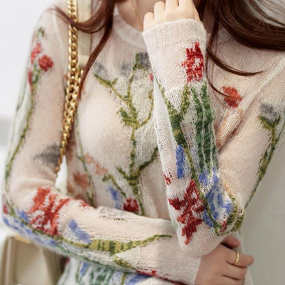 Women's Floral Hollow Out Knit Sweater O-Neck Fashion 4