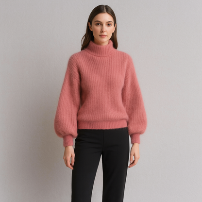 Women's Fluffy Turtleneck Sweater - Oversized Knit Pullover