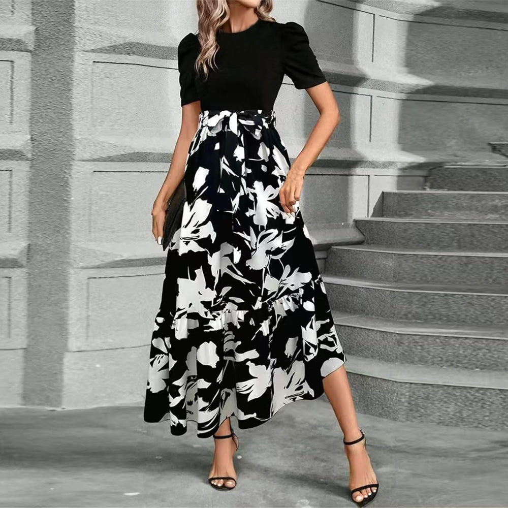 Women's Formal High Waisted Floral Dress Set - Short Sleeve