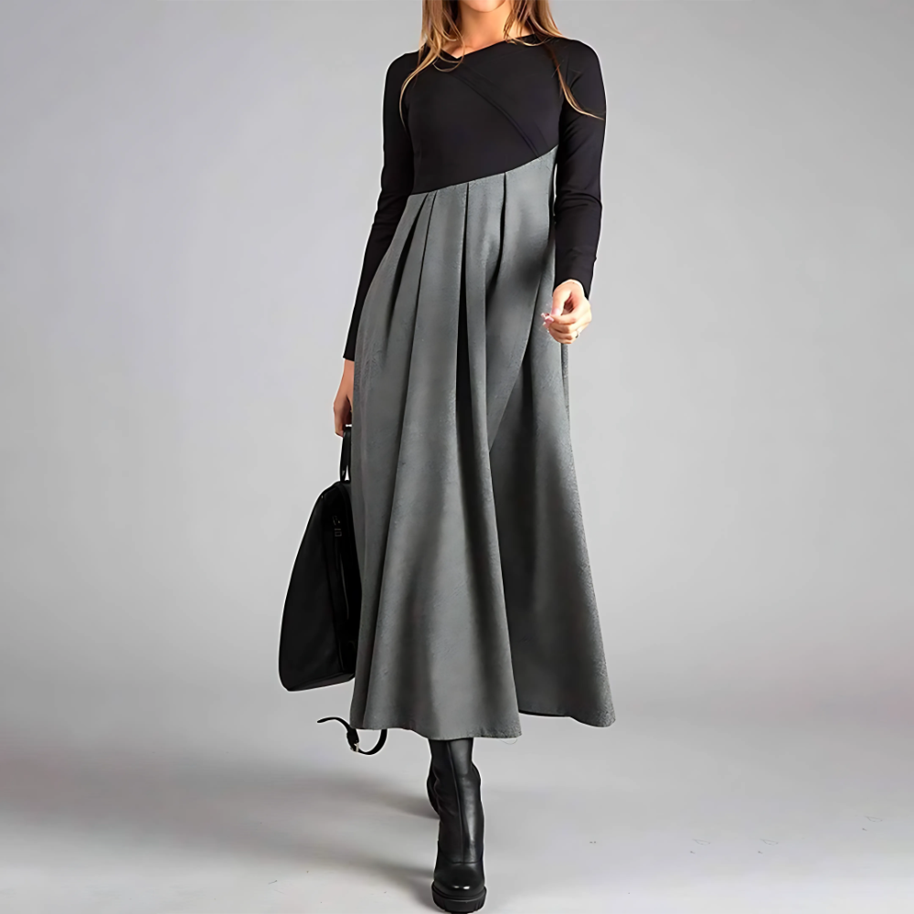 Women's Formal Long Sleeve Work Dress - Color Block A Line Midi