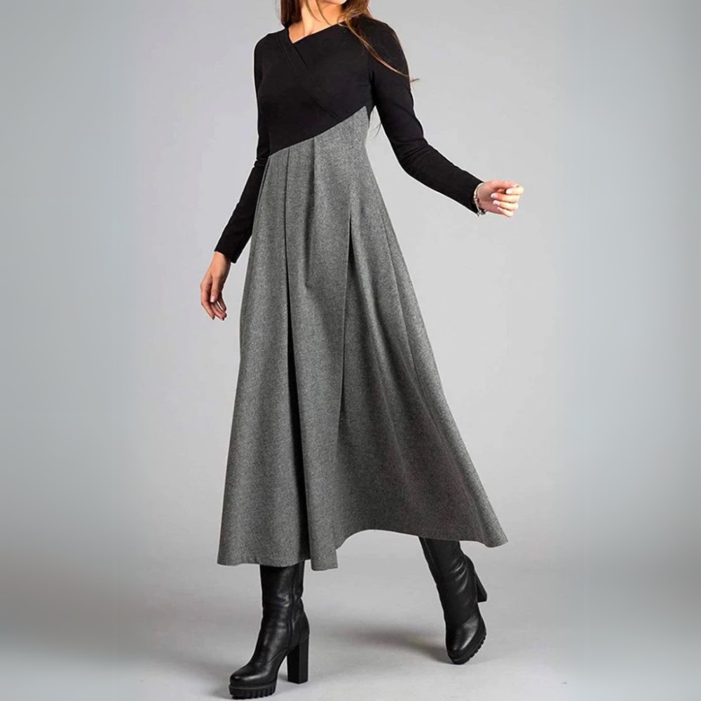 Women's Formal Long Sleeve Work Dress - Color Block A Line Midi