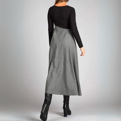 Women's Formal Long Sleeve Work Dress - Color Block A Line Midi