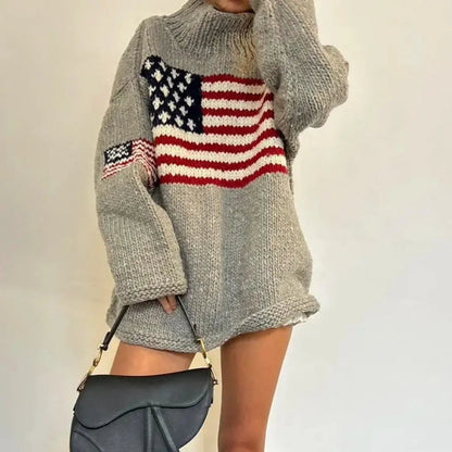 Women's High Neck US Flag Sweater Retro Style Turtleneck 2