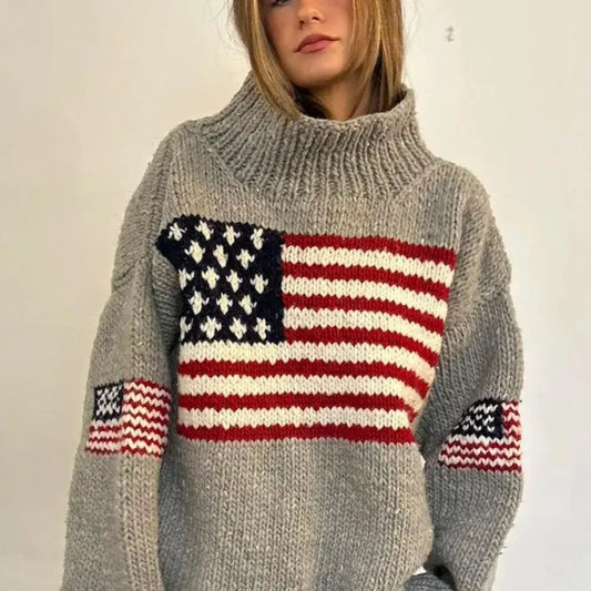 Women's High Neck US Flag Sweater Retro Style Turtleneck  1