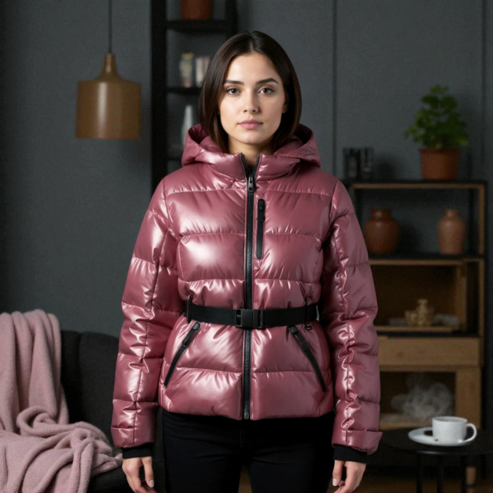 Women’s Insulated Puffer Jacket - Belted Hooded Winter Coat