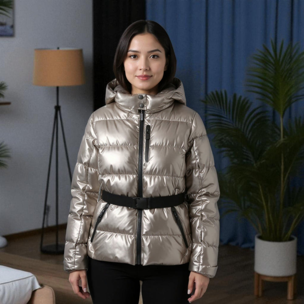Women’s Insulated Puffer Jacket - Belted Hooded Winter Coat