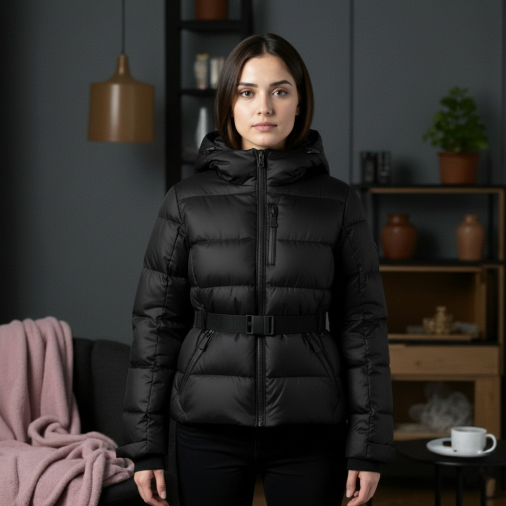 Women’s Insulated Puffer Jacket - Belted Hooded Winter Coat