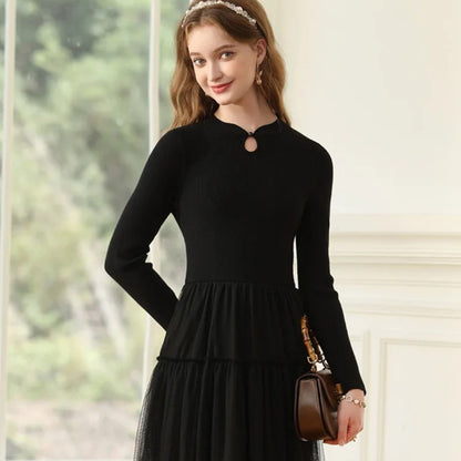 Women's Long Sleeve Tulle Formal Dress - Layered Midi