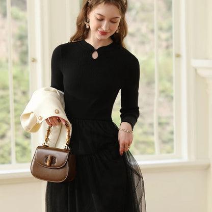 Women's Long Sleeve Tulle Formal Dress - Layered Midi