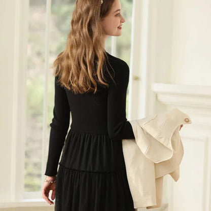 Women's Long Sleeve Tulle Formal Dress - Layered Midi