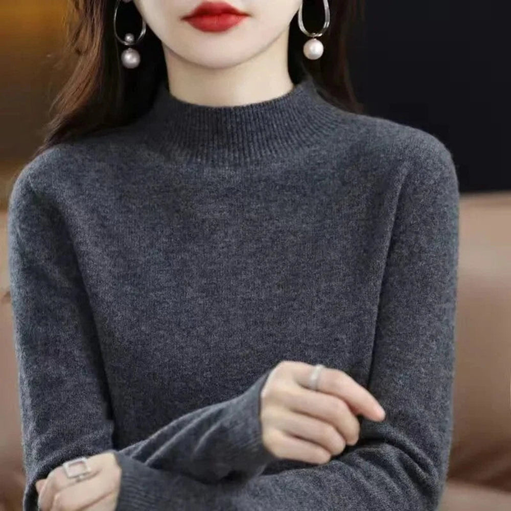 Women's Mock Neck Long Sleeve Knitted Sweater - Pullover