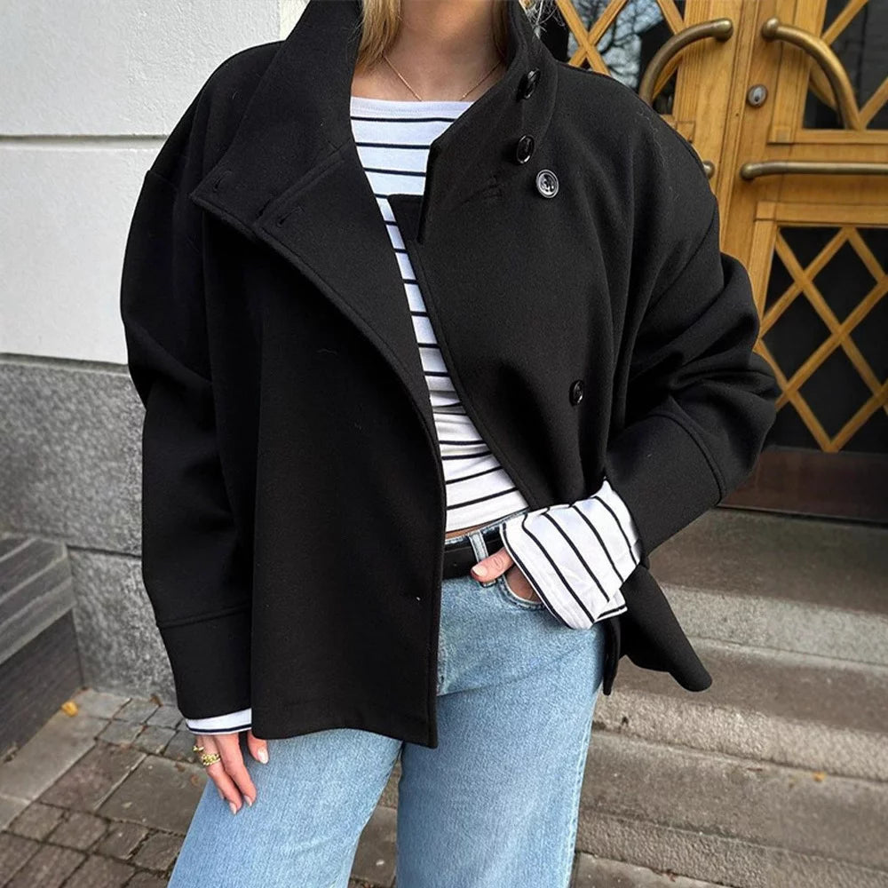 Women's Modern Wool Short Coat - High Neck Buttoned
