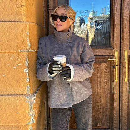 Women's Modern Wool Short Coat - High Neck Buttoned