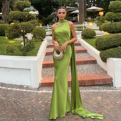 Women's One Shoulder Satin Evening Dress - Elegant Draped Maxi