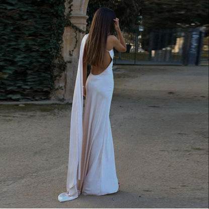 Women's One Shoulder Satin Evening Dress - Elegant Draped Maxi