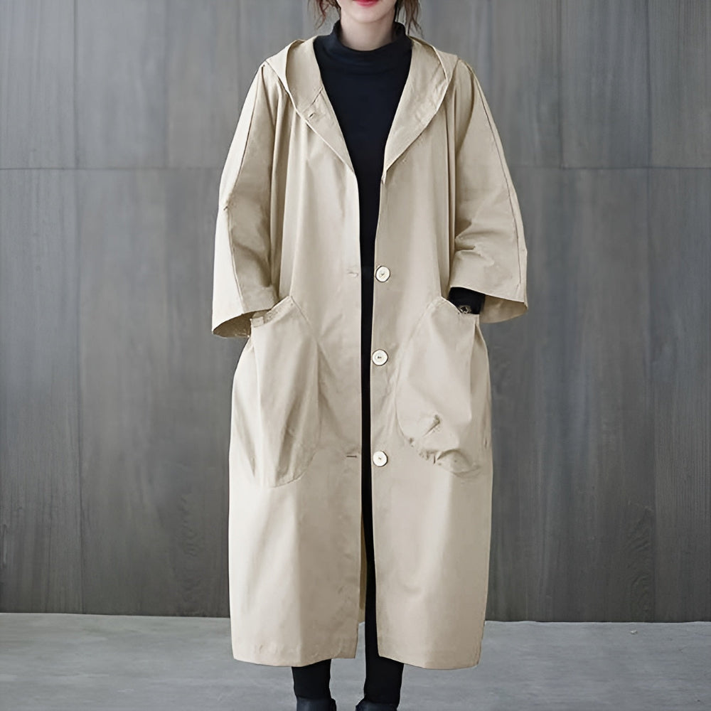 Women's Oversized Hooded Long Overcoat - Button Front Style