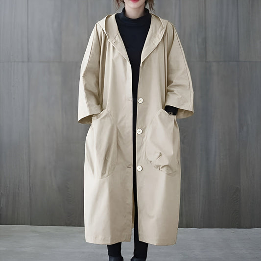 Women's Oversized Hooded Long Overcoat - Button Front Style