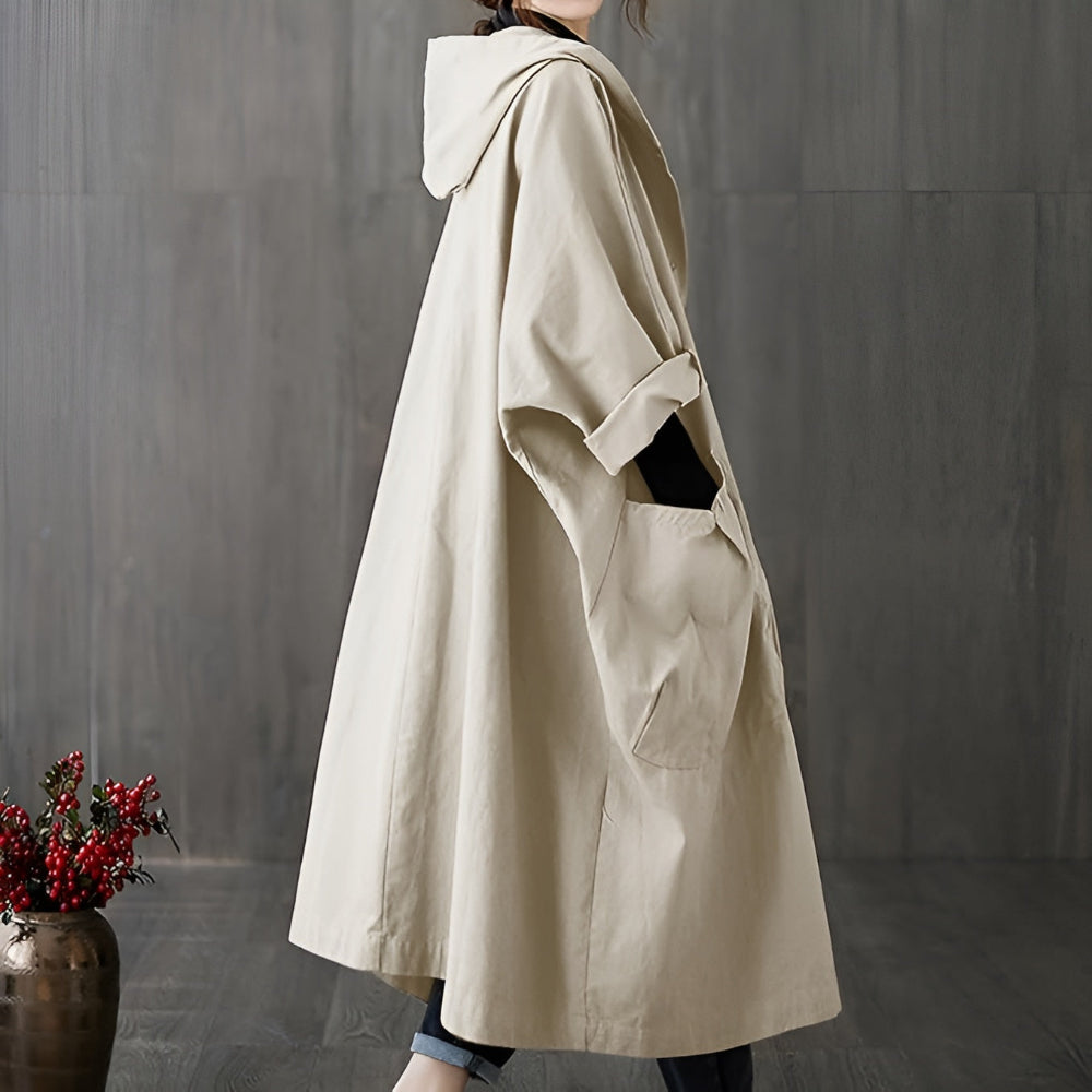 Women's Oversized Hooded Long Overcoat - Button Front Style