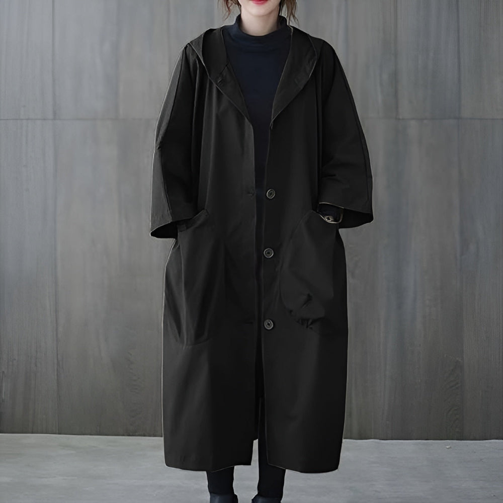 Women's Oversized Hooded Long Overcoat - Button Front Style