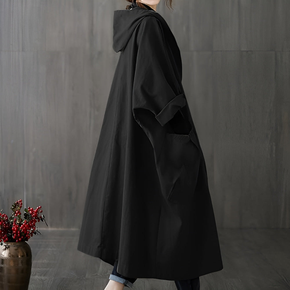 Women's Oversized Hooded Long Overcoat - Button Front Style