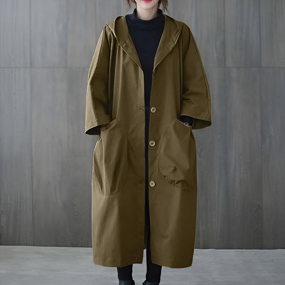 Women's Oversized Hooded Long Overcoat - Button Front Style