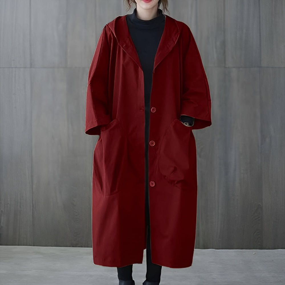 Women's Oversized Hooded Long Overcoat - Button Front Style