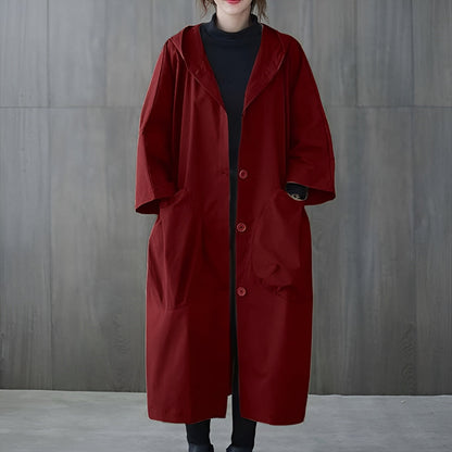 Women's Oversized Hooded Long Overcoat - Button Front Style
