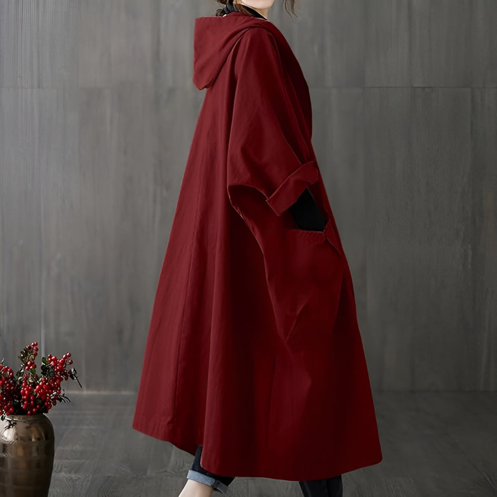 Women's Oversized Hooded Long Overcoat - Button Front Style