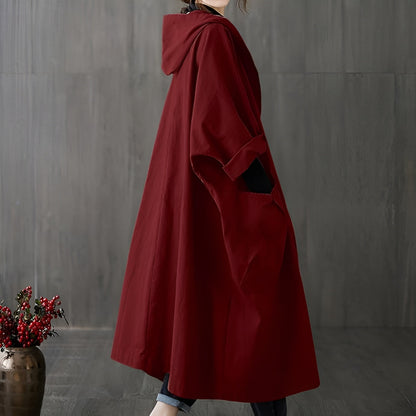 Women's Oversized Hooded Long Overcoat - Button Front Style