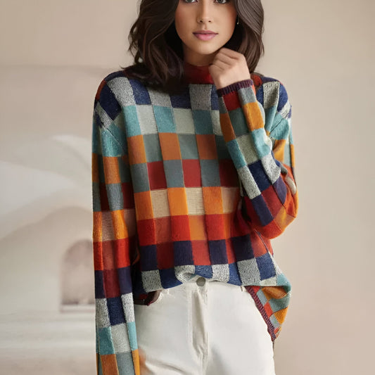 Women's Oversized Multicolored Checked Knit Sweater Cozy Style 1