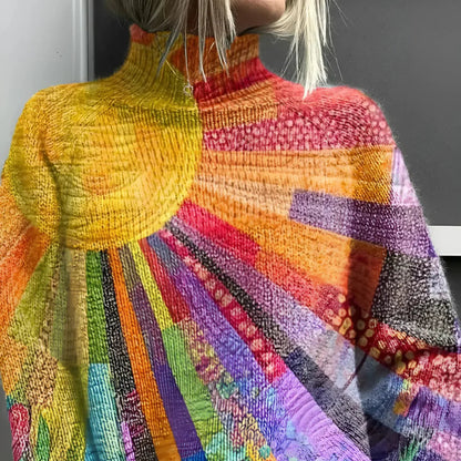 Women's Oversized Patchwork Turtleneck Long Sleeve Sweater - Pullover