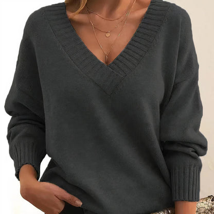 Women's Oversized V Neck Long Sleeve Ribbed Sweater - Pullover