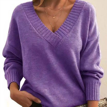 Women's Oversized V Neck Long Sleeve Ribbed Sweater - Pullover