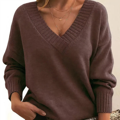 Women's Oversized V Neck Long Sleeve Ribbed Sweater - Pullover