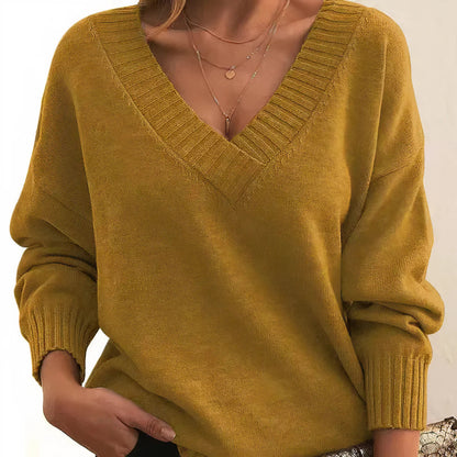 Women's Oversized V Neck Long Sleeve Ribbed Sweater - Pullover